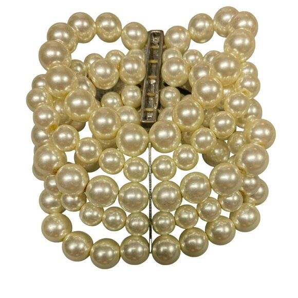 Vintage MCM Silver tone Rhinestone Bracelets, one with Flower and Faux Pearls - Picture 4 of 11
